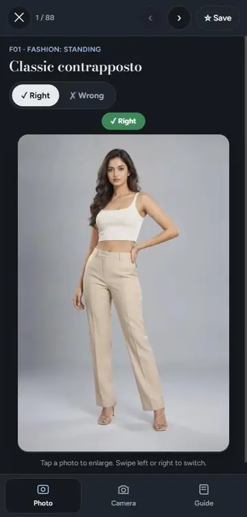 Sample page 1: a pose photo with Right and Wrong buttons