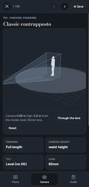 Sample page 2: a 3D camera view with framing, height, tilt and lens